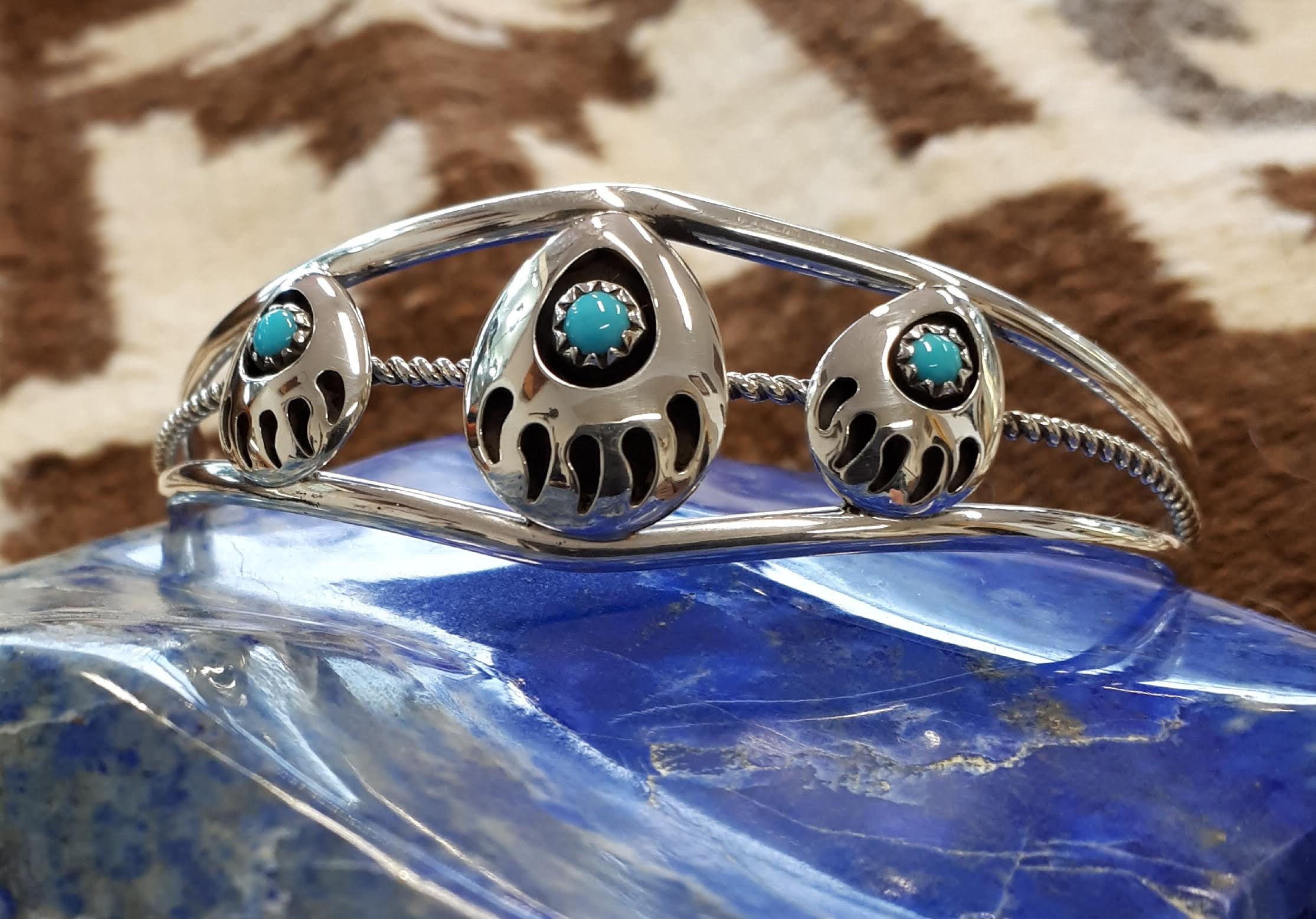 Bracelet 3 pattes d'ours et Turquoise Sleeping Beauty sur argent massif 925°.
