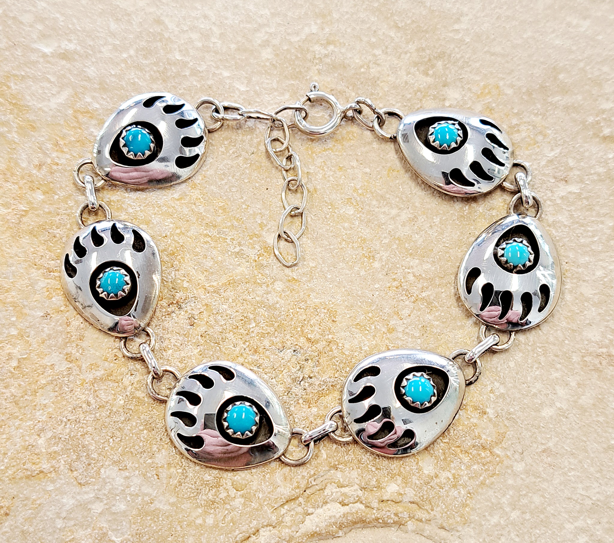 Bracelet 6 pattes d'ours et Turquoise Sleeping Beauty en argent 925°.