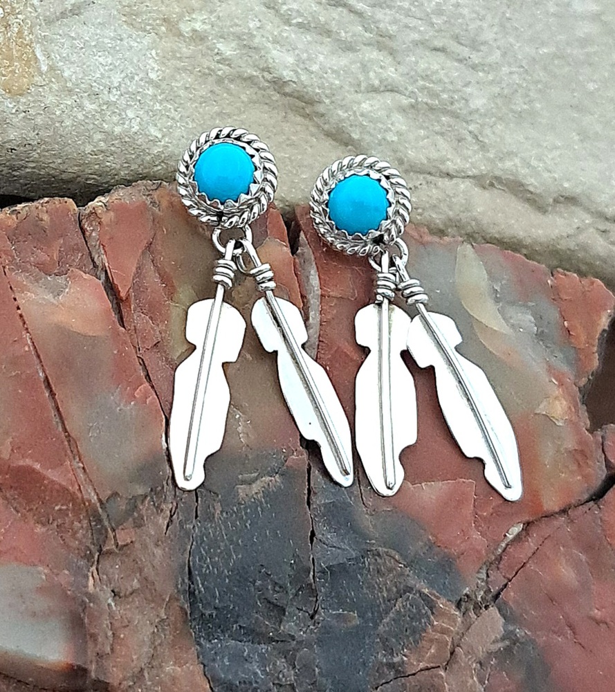 Boucles d'oreilles plumes turquoise Navajo en argent massif 925°.