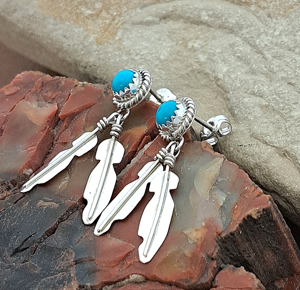 Boucles d'oreilles plumes turquoise Navajo en argent massif 925°.